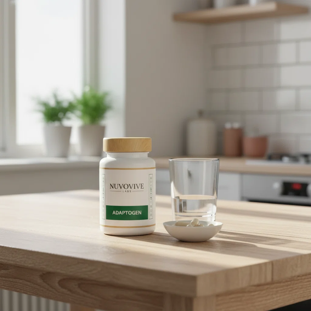 NuvoVive Labs beholder på et morgenbord med et glas vand